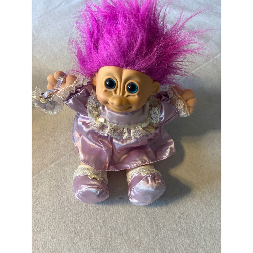 Russ Berrie Troll Doll Purple Hair Pink Dress Vintage Collectible 2325